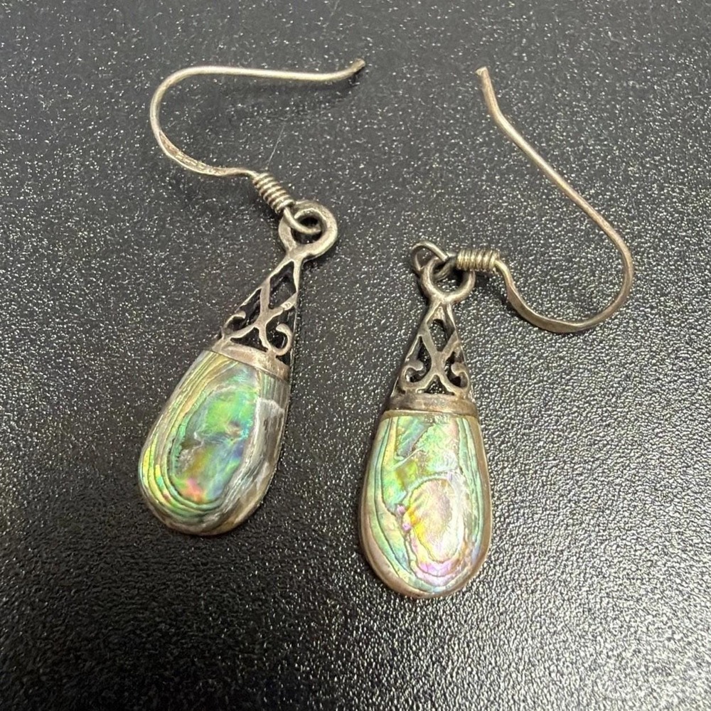 Sterling Silver Abalone Teardrop Dangle Earrings 925 Filigree French Wire